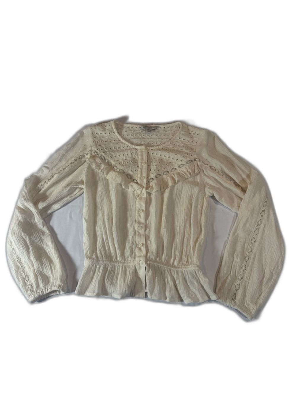 American Eagle Outfitters Cream Lace-Trim Button Blouse